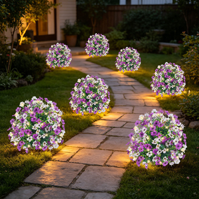  Arbres de boules topiaires artificiels à fleurs violettes brillantes avec pointes, faux arbustes d'extérieur résistants aux rayons UV, plantes de buissons florales réalistes pour le patio