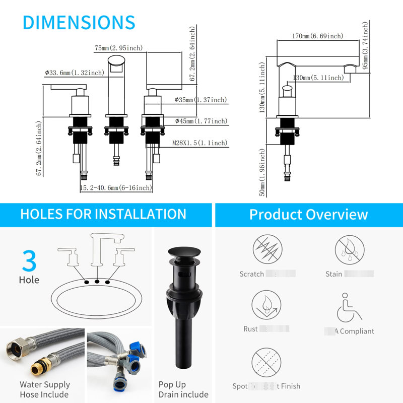Robinet de lavabo de salle de bain noir mat, 2 poignées de meuble-lavabo cascade, drain escamotable, tuyau d'alimentation, 8 tuyaux de 8 pouces