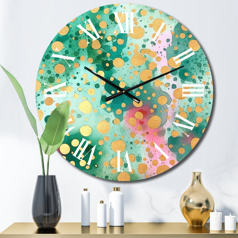 Horloge murale moderne à motif géométrique vert et or et eau III, Petit