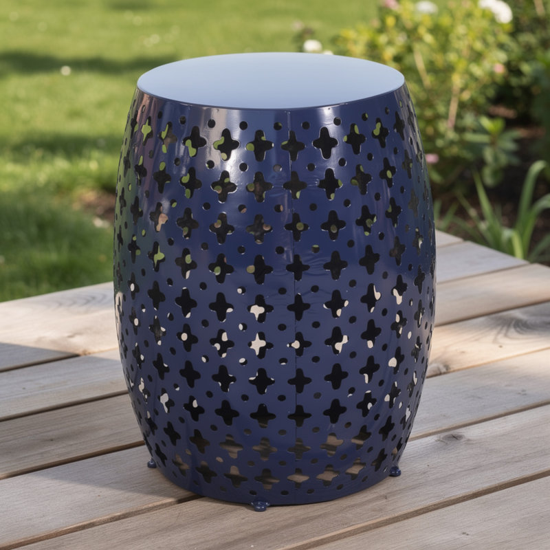 Miami Outdoor End Table, Cutout Design, Round 17 Inch, Navy Blue Iron, Navy Blue