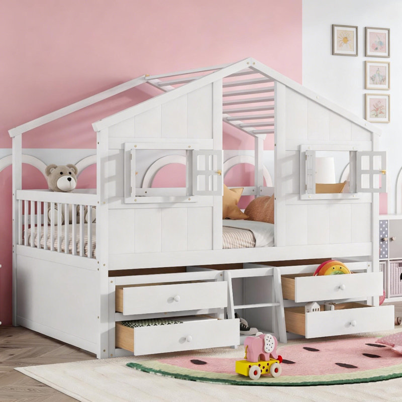 Full Size House Loft Bed With Roof, Windows,4 Storage Drawers,Ladder,Safety Guardrails, White