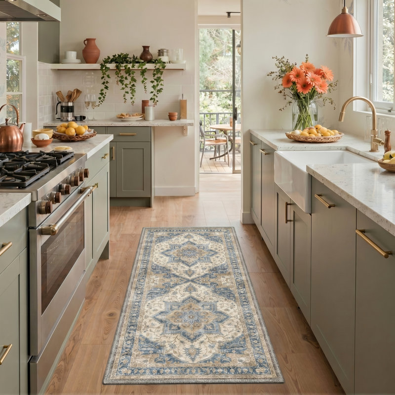 Valencia Blue / Brown Indoor Floral Area Rug,Machine Washable,with Non-Slip Backing, Runner 2' x 6'