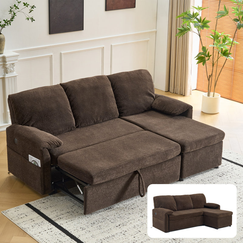 Upholstered L Shape Velvet Sleeper Sofa Sleeper Couch Pull Out Sofa Sofa Bed, Dark Curry