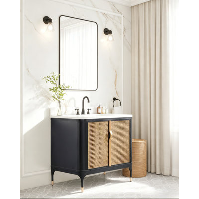 36" Freestanding Single Sink Solid Wood Mid-Century Glam Bath Vanity with Engineered Marble Top