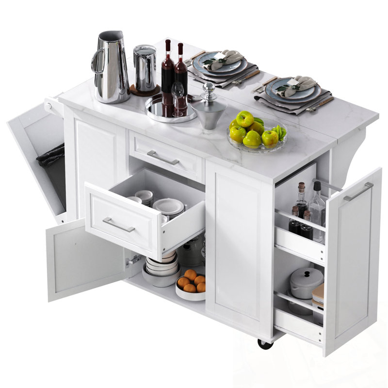 Îlot de cuisine avec organisateur d'armoire coulissant, abattant et 2 tiroirs, Blanc