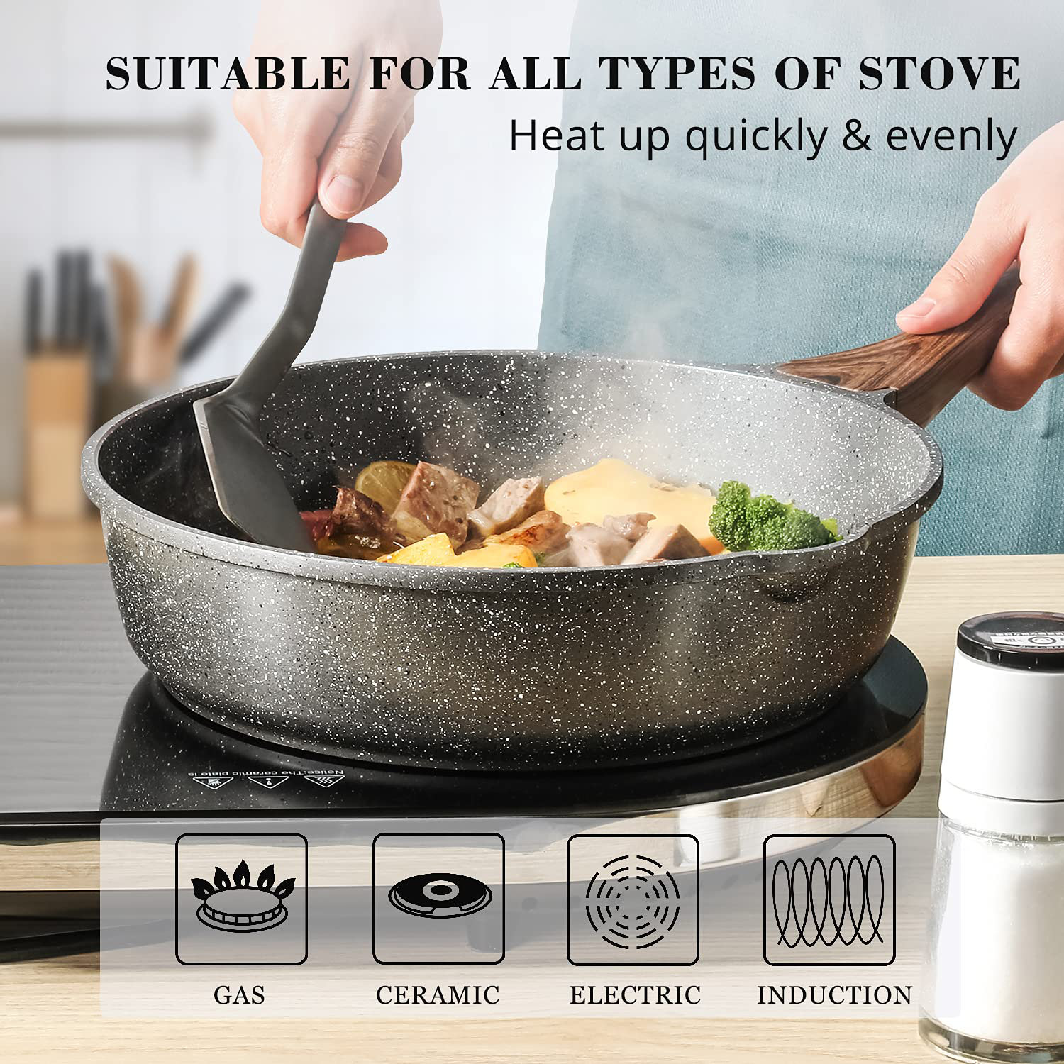 Carote 9.5 inch Nonstick Deep Frying Pan with glass lid,Stone-Derived  Non-Stick Coating Granite From Switzerland