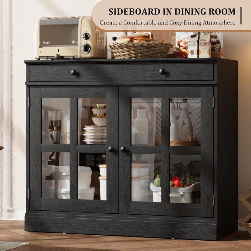 Modern Buffet Sideboard with 2 Glass Doors, Buffet Cabinet with Adjustable Shelf & Large Drawer, Black