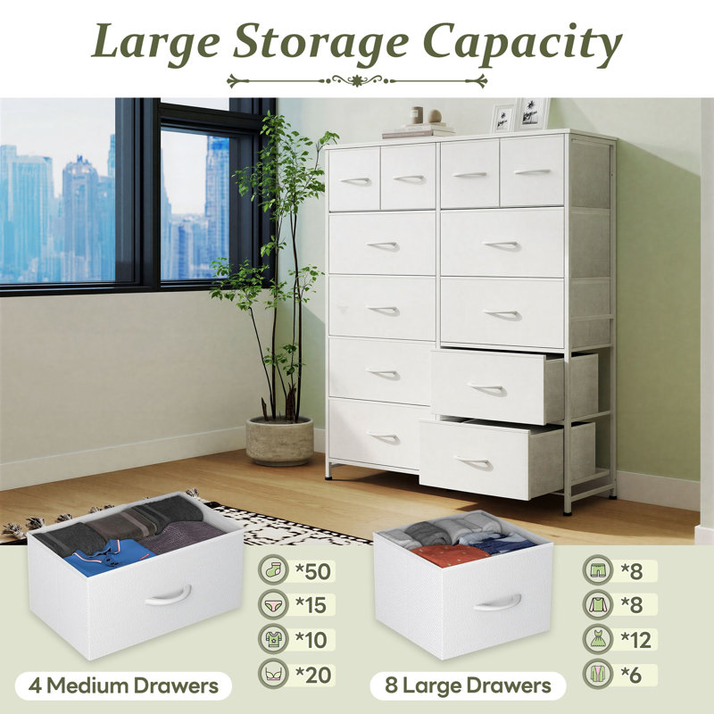 39.37" W 12-Drawer Fabric Dresser with Wood Top, Storage Chest, White