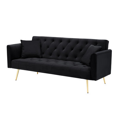 71 - Inch Foldable Double Bed, American Retro Style, Black Velvet Upholstery, Small , 2 Seating Capacity Velvet, Living Rooms, Adjustable Postures, Seats
