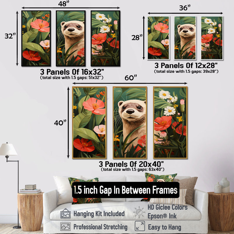 Loutre ludique en fleurs tropicales I - loutre, art mural, Cadre flottant noir, H 28 po x l 36 po