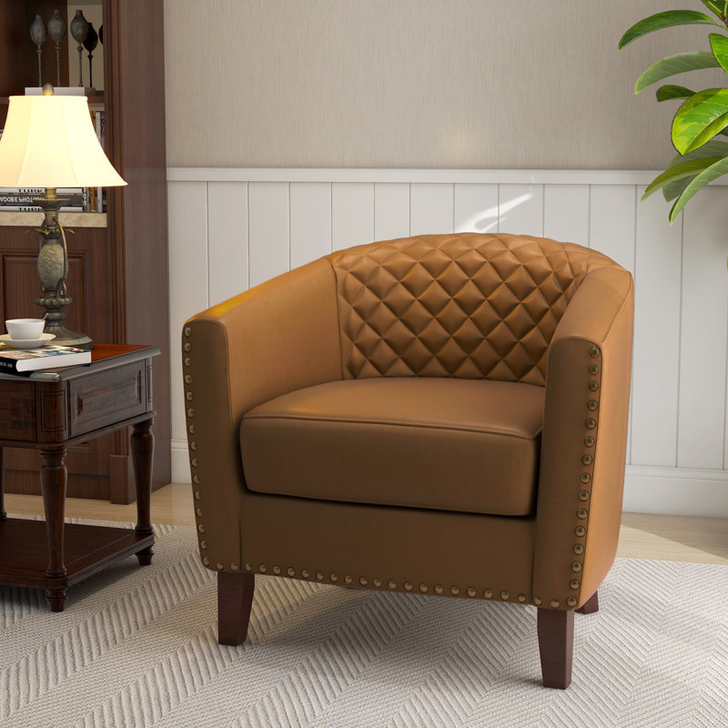 Edvardas Upholstered 29.11 Wide Coffee Faux Leather Tufted Barrel Club Chair with Nailhead Trim, Coffee Faux Leather