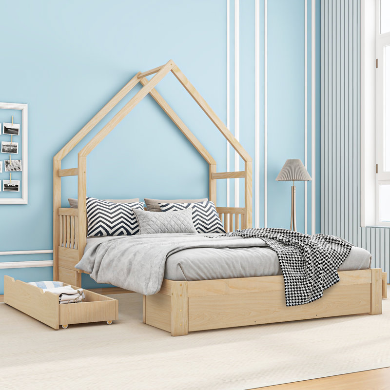 Grand lit plateforme en bois avec 2 tiroirs, Naturel