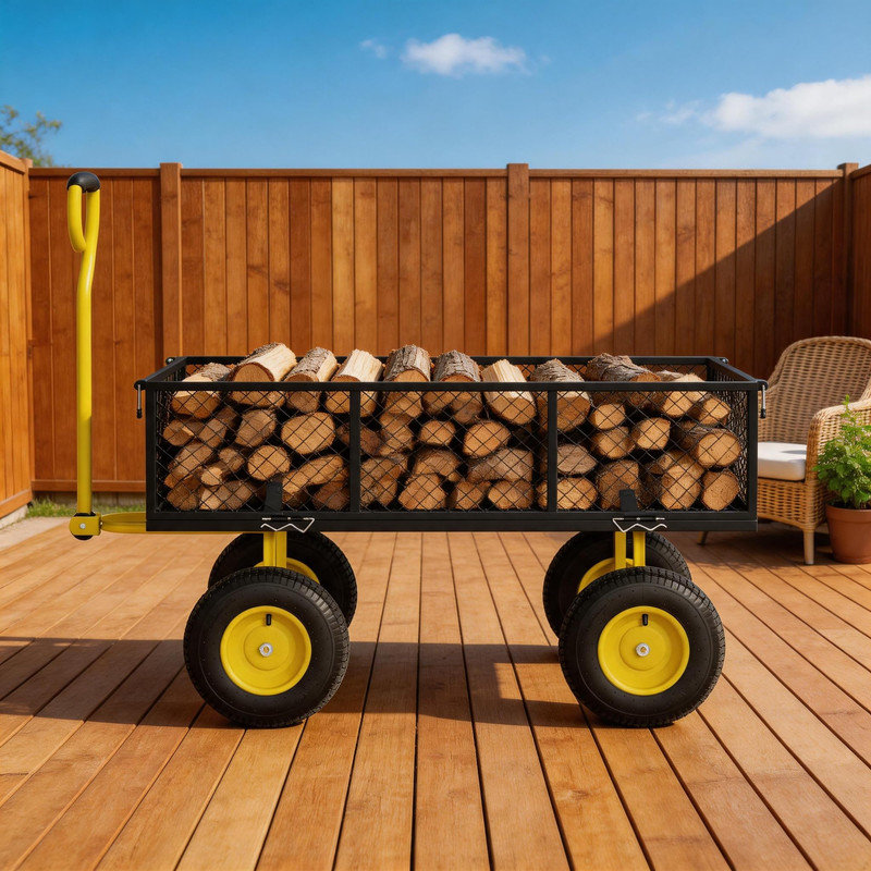 Chariot de jardin robuste en acier 900 lb avec poignée réglable et pneus tout-terrain, Jaune