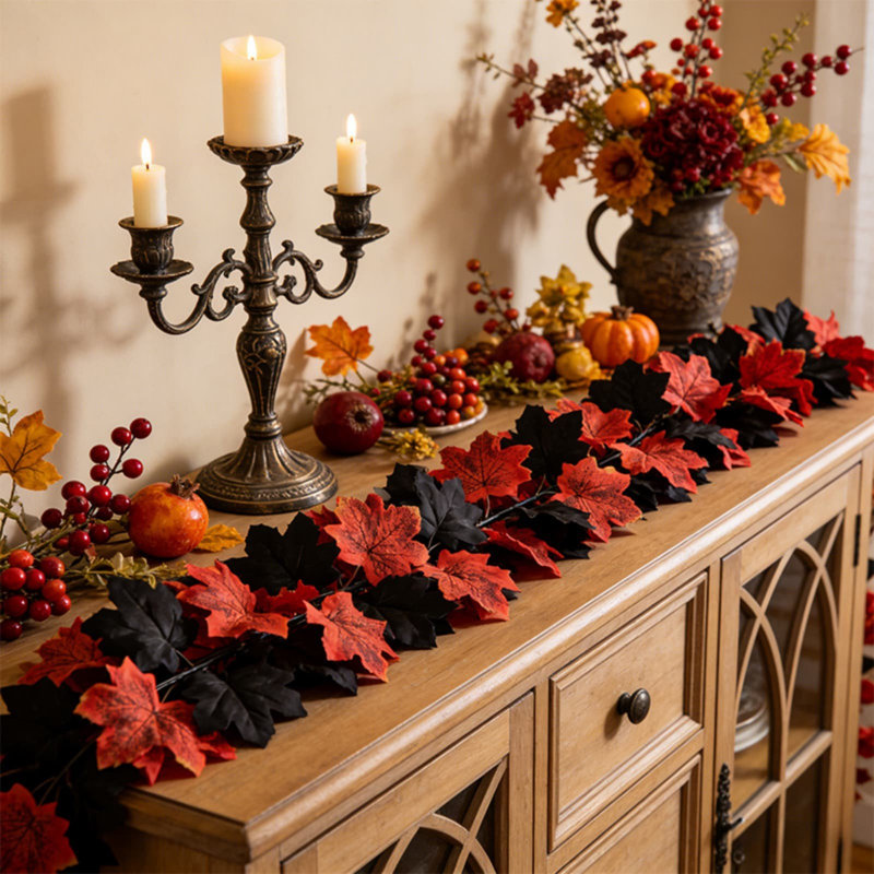 Guirlande de feuilles d'érable artificielles d'automne avec citrouilles - Décoration de table pour foyer et fête de l'Action de grâce
