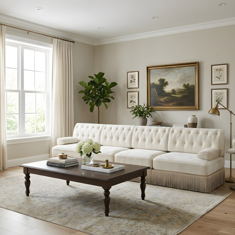 Canapé de style Chesterfield, H 34,18 po x l 135,58 po x P 33,78 po, Beige