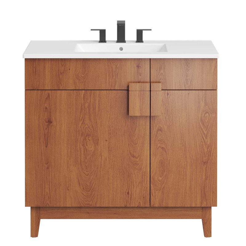 Modway Miles 36'' Free Standing Single Bathroom Vanity with Ceramic Top, White, Walnut