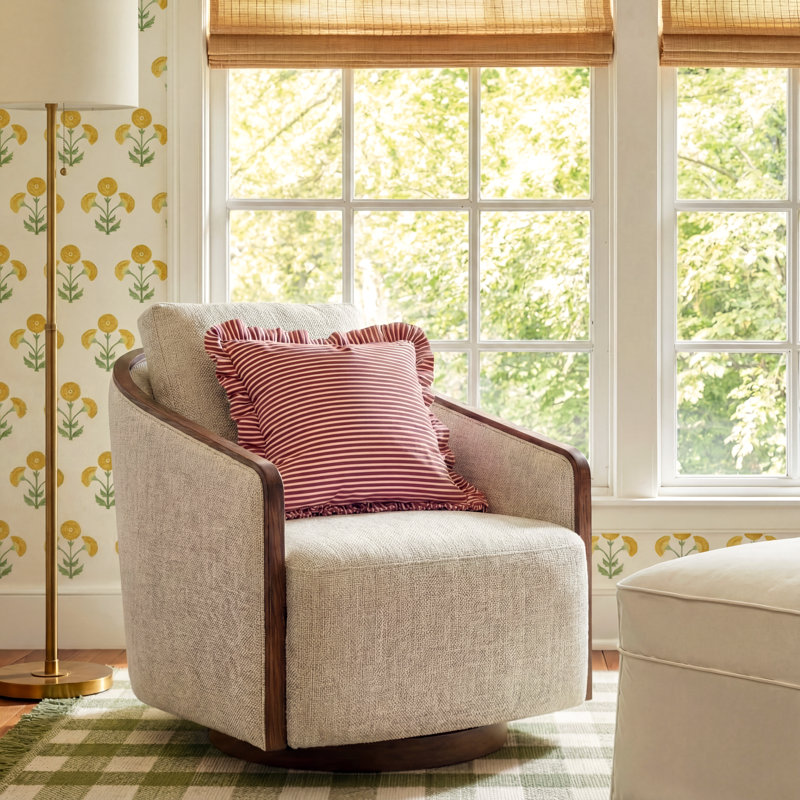 Nieve Upholstered Swivel Barrel Chair, Nathan Wheat Tweed