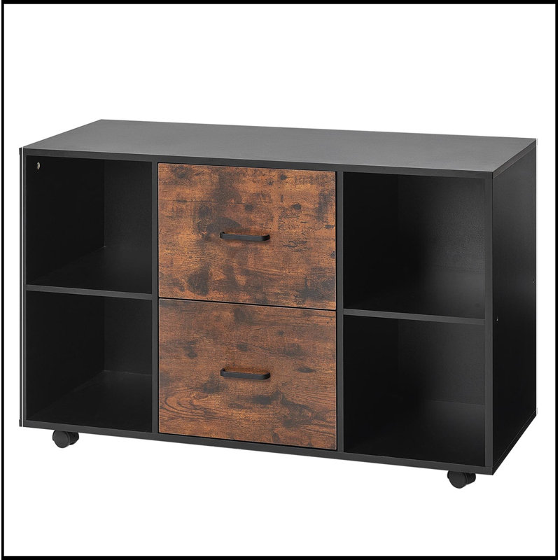 Cabine en bois 2 tiroirs avec tablettes ouvertes et roues verrouillables