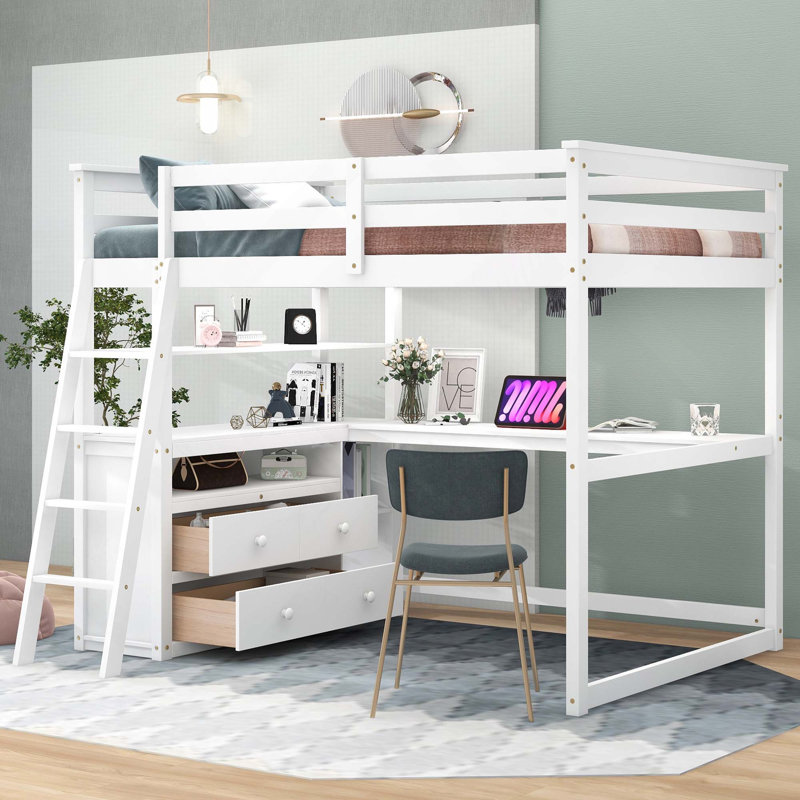Lit mezzanine avec bureau, tablettes et deux tiroirs intégrés, White