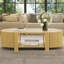 Table basse ovale cannelée avec rangement pour le salon, bois d'hévéa massif, 1 tablette et 2 portes de rangement ouvertes, naturel, 47 po-9053813-9053808