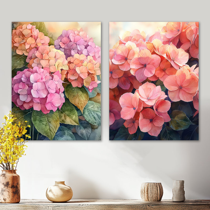 «Hydrangeas in the Sunset Glow II», ensemble de 2 reproductions d'art mural botaniques en métal, 32" H x 48" W