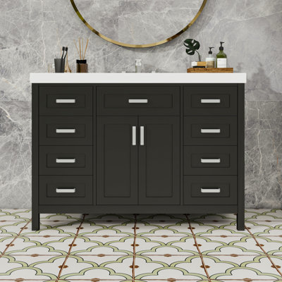 Meuble-lavabo autoportant moderne avec plateau en résine durable, rangement à fermeture en douceur et pieds en pin massif