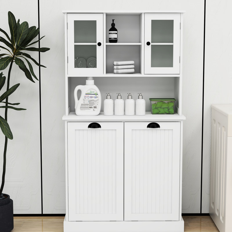 Laundry Basket Cabinet In White - Two Compartment Design Stable & With Adjustable Shelves, 33.03" H x 14.42" W x 60.26" D