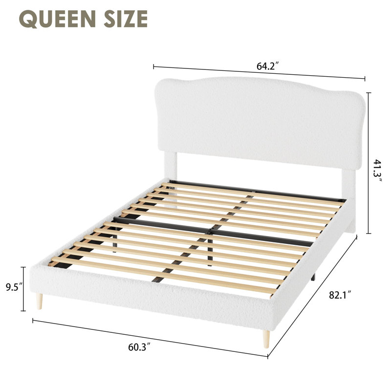 Upholstered Queen Size Bed Frame with Headboard, Soft Low Profile Sturdy Platform Bed, Heavy Duty, Wooden Slats, White