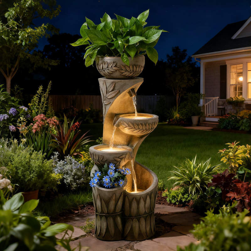  35.6" H Outdoor Water Fountain - Relief Leaf Design 4 Tiers Modern Cascading Bowls And Garden Fountains With Lights For Patio, Deck, Porch, Lawns, Backyard And Home Art Decor