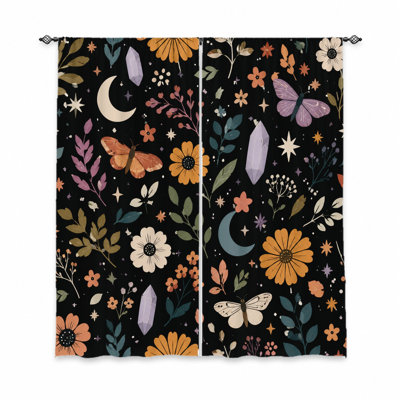 2Pcs Celestial Moon and Star Floral Curtains, Light Filtering Fabric, Whimsical Bohemian Crystal Butterfly Pattern, Sunshade Privacy Protection, Rod Pocket Design, Suitable for Living Room, Bedroom, Teen Home Decoration