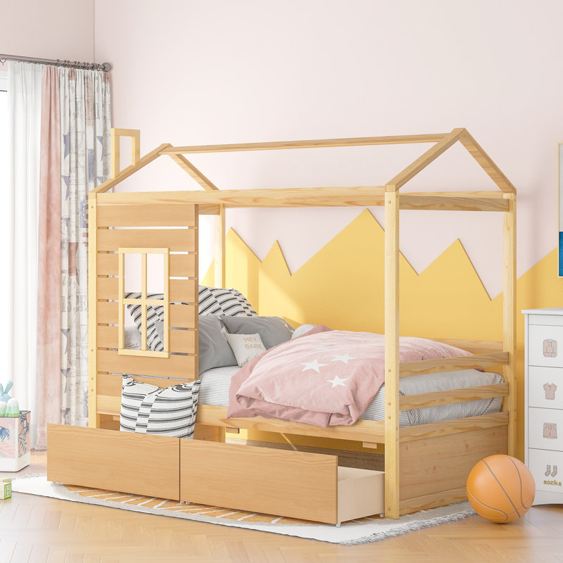 Mcclean Solid Wood Canopy,Four Poster,Spindle,Standard Storage Bed, Natural