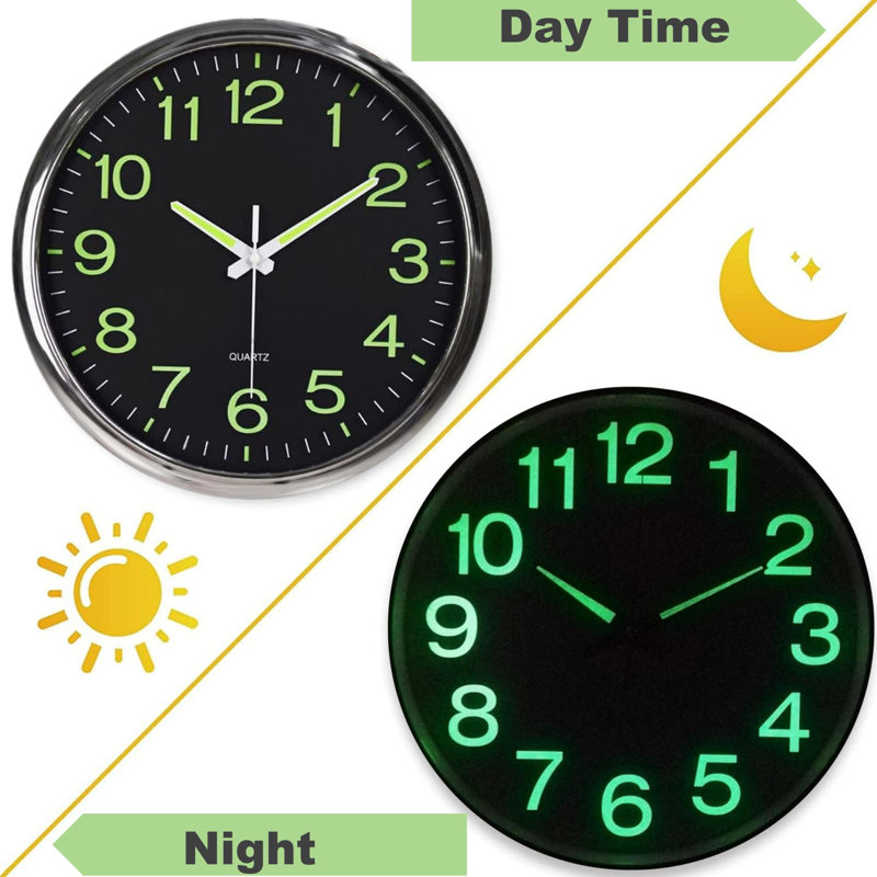 12" Large Luminous Function Numbers And Hands, Silent Non-Tick Quartz Wall Clock, Black