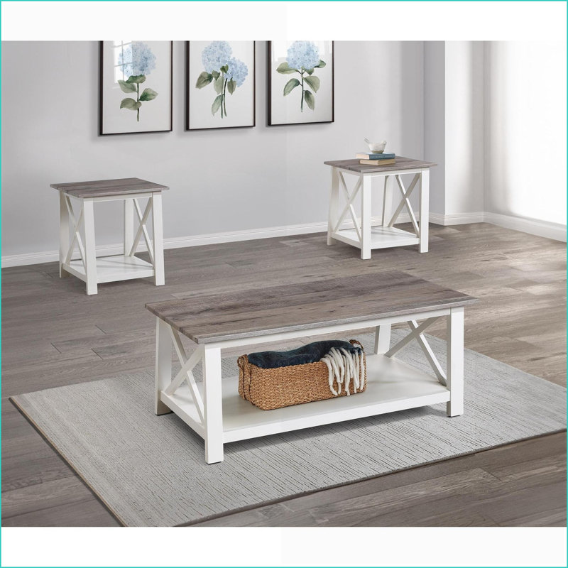 Ensemble de tables basses de salon blanches et brunes 3 pièces - Table basse rectangulaire + 2 tables de bout carrées, assemblage facile