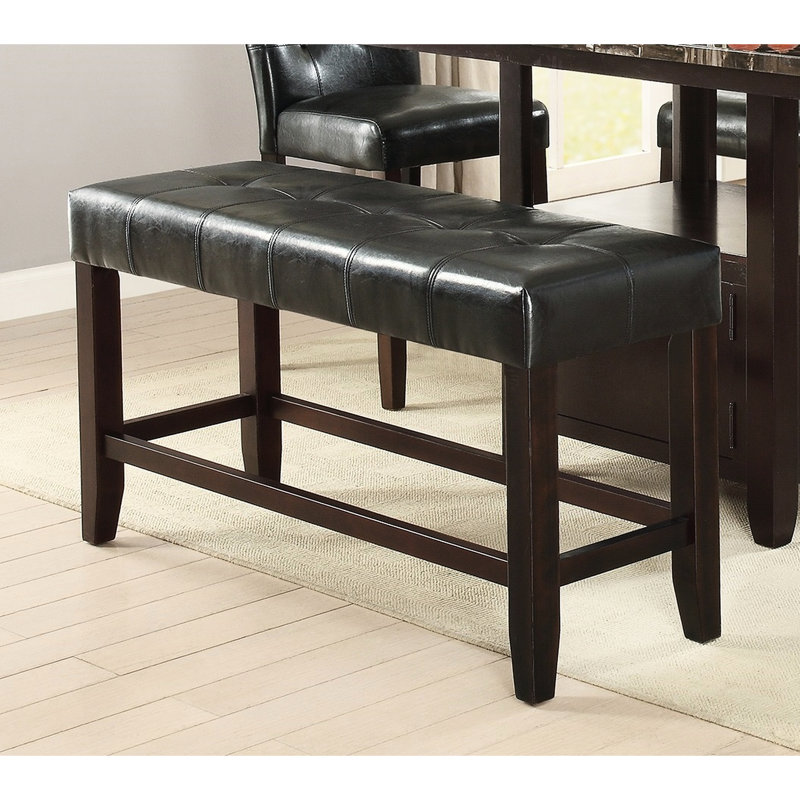 Counter Height Bench For Dining - Black Faux Leather Upholstered Seat With Solid Wooden Base Modern Design And Brown Cushion Strong Wood