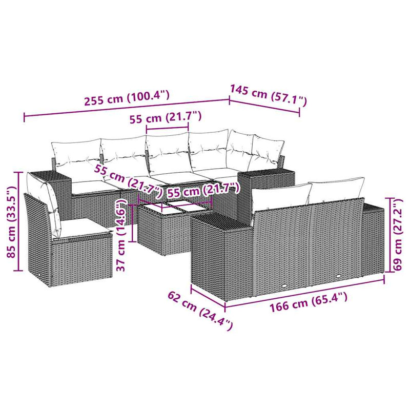  Ensemble de canapé de jardin modulaire en rotin de polyester gris clair 9 pièces