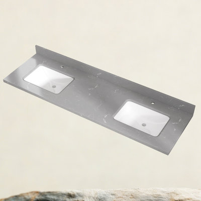L 66 po x P 22 po. Meuble-lavabo gris encastré en pierre d'ingénierie avec comptoir rectangulaire double et comptoir Dosseret en H et trou de robinet pré-percé