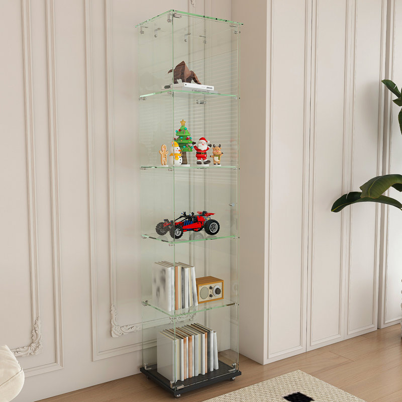Premium 5-Tier Glass Display Case With 5 Dynamic LED Modes, Single Door Tempered Glass Bookshelf For Collectibles & Decor, Floor Standing Display Cabinet For Home & Office, Easy Assembly