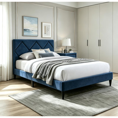 Structure de lit simple avec tête de lit réglable, lit plateforme tapissier en velours, aucun sommier requis, système de support à 12 lattes robuste, lit moderne à profil bas pour enfants, adolescents et adultes, assemblage facile, bleu marine.