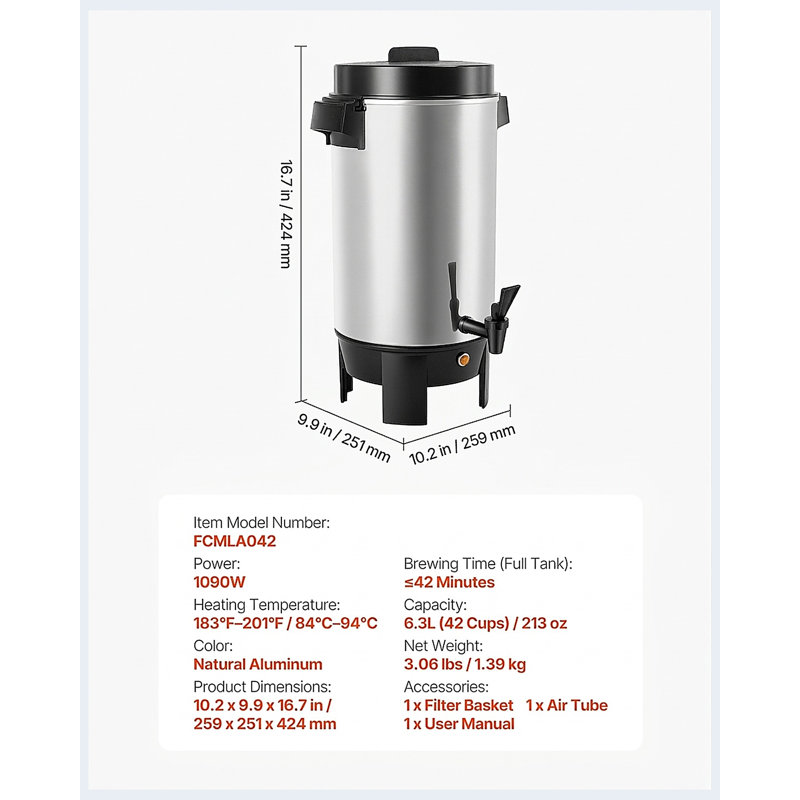 Cafetière professionnelle à piston, distributeur de boissons chaudes de 6 litres (40 tasses) avec double bec verseur anti-gouttes, filtre à mailles réutilisable et maintien au chaud entre 84 et 94 °C (183 et 201 °F), en aluminium