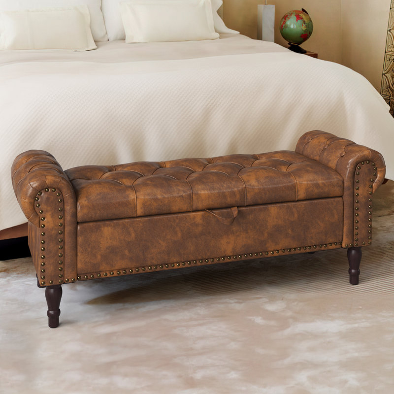 Banc de rangement rembourré Dawsey, H 19,6 po x l 50,7 po x P 17,1 po, Similicuir brun