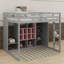 Lit mezzanine en bois pleine grandeur avec garde-robe, tablettes et armoire-567509906
