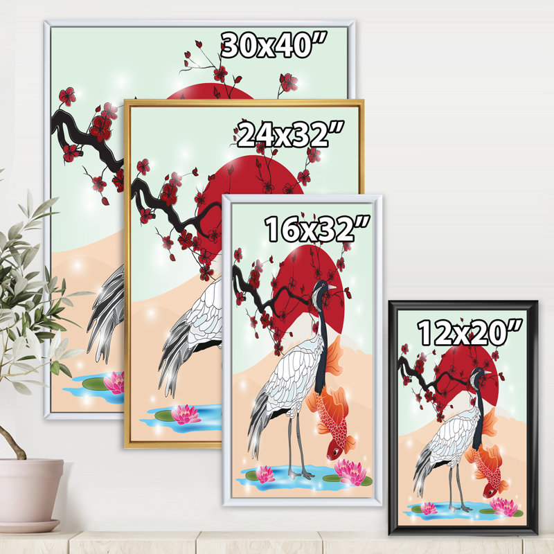 Crane et poisson Koi - Impression sur toile, H 32 po x l 24 po x P 1 po, Cadre blanc