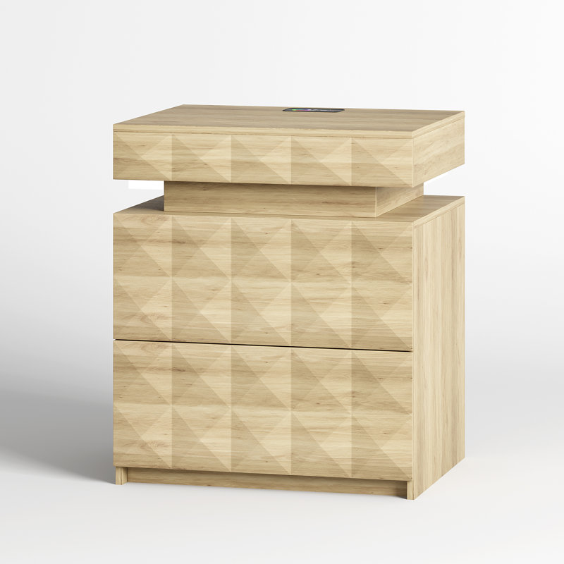 Diamond-Textured 2 - Drawers Bedside Table with Hidden Storage and Lockable, Modern Nightstand with Human Sensor Light, Oak