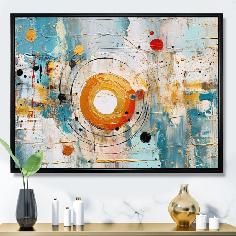 «Yellow Sky Blue Geometric Reflections», reproduction sur toile, Cadre flottant noir, H 30 po x l 40 po x P 1,5 po