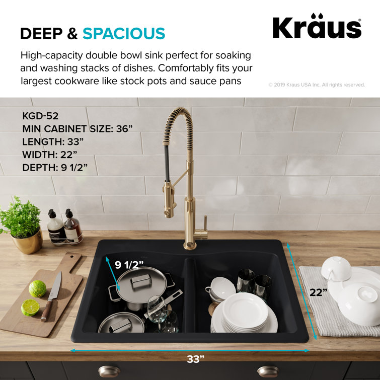 Évier de cuisine simple Kraus granit double fixation 24 po noir