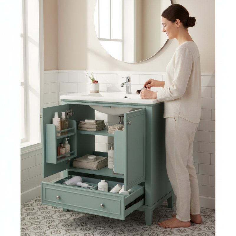 Ensemble de meuble-lavabo de salle de bain 30 po vert | Rangement avec cadre en bois massif