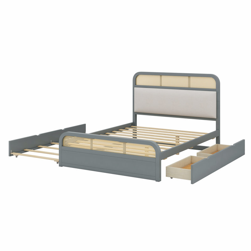 Lit plateforme en bois avec lit gigogne et 2 tiroirs, Gris