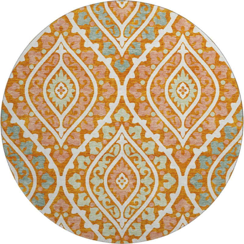 Premium Machine Washable Lisse Orange Rug, Round 8' x 8'