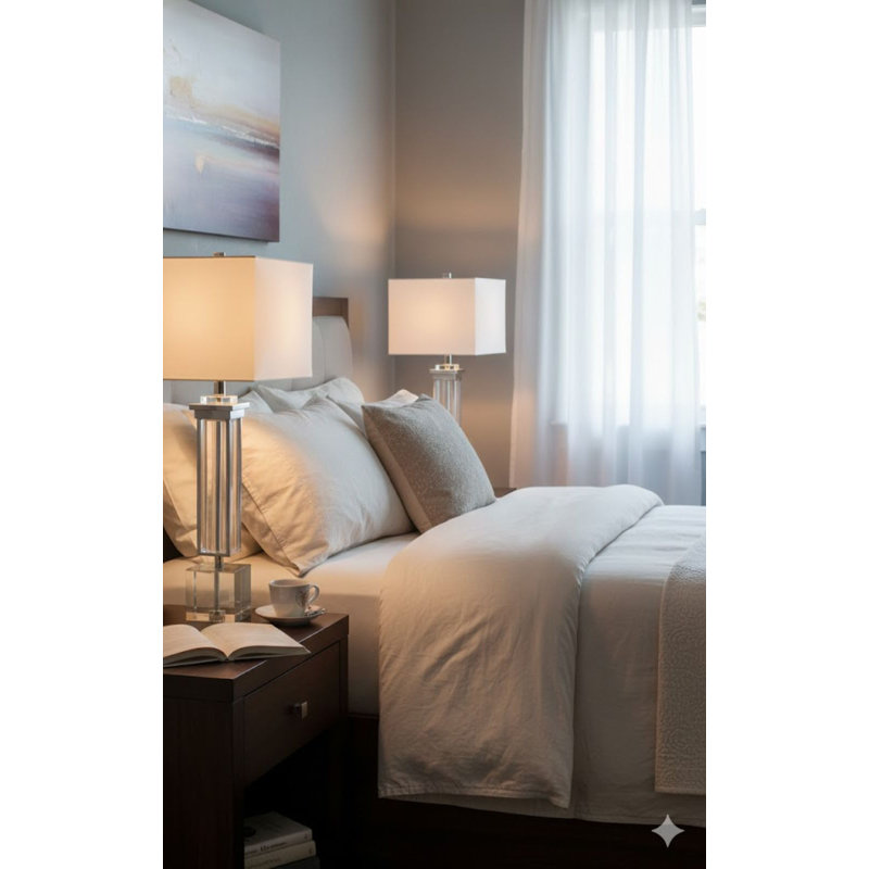 Lampe de table transitionnelle en nickel poli et cristal 1 lumière, Nickel poli, Blanc