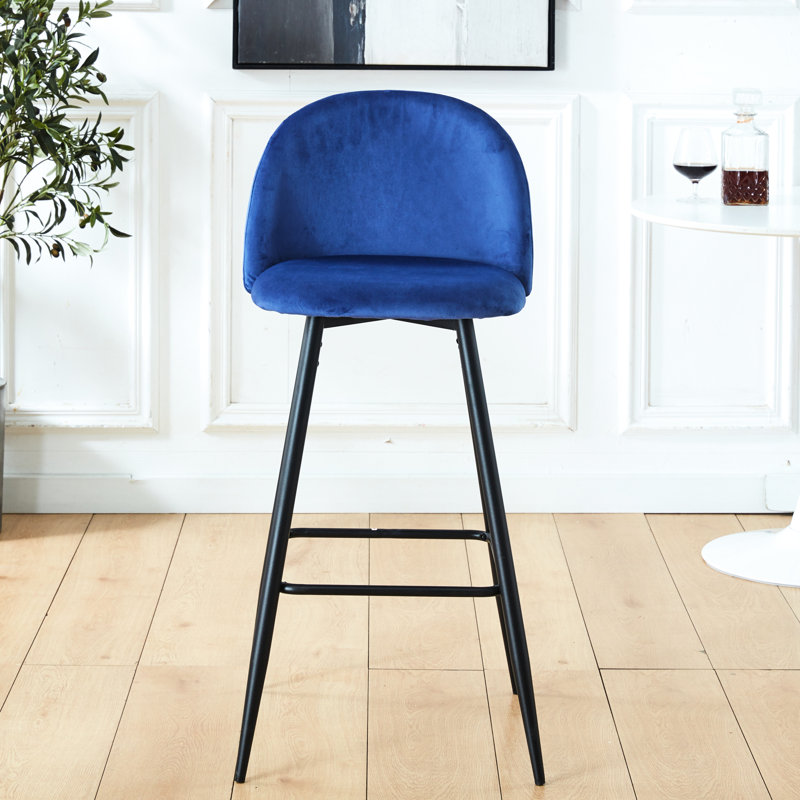 2Pcs Velvet , Counter Bar Chair With Back. Metal Construction & Footrest. Blue Seat. Easy Assembly For Kitchen Area Of 2 Stools, Height . Strong Legs Upholstery.